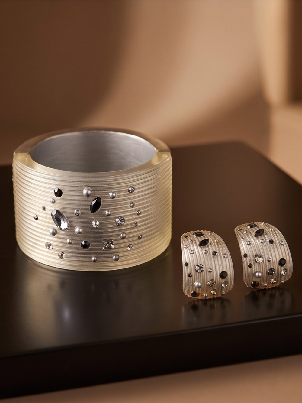 Champagne Crystal-Embellished Resin Bangle and Hoop Earring Set